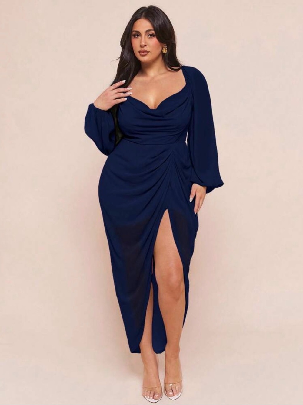 SHEIN Navy Draped Cowl Neck Maxi Dress with Bishop Sleeves